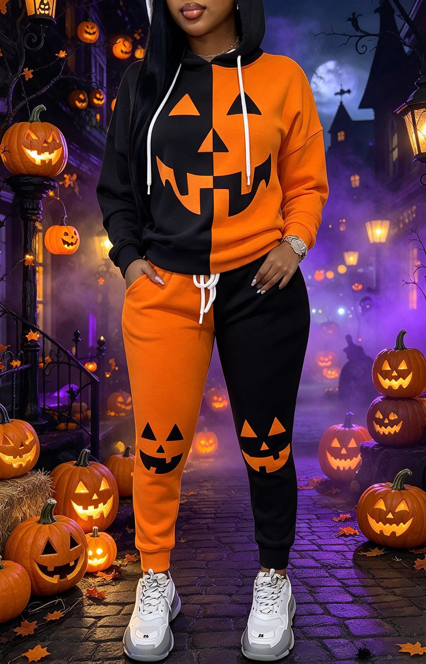 Joggers Pants - Dames Halloween-trainingspak met kleurblokken, een hoodie